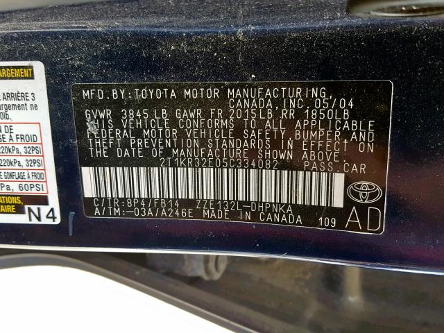 2T1KR32E05C334082 - 2005 TOYOTA MATRIX XR BLUE photo 10