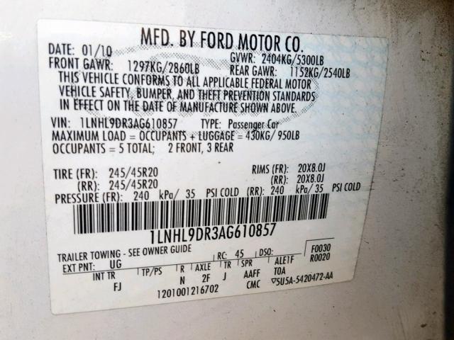 1LNHL9DR3AG610857 - 2010 LINCOLN MKS WHITE photo 10