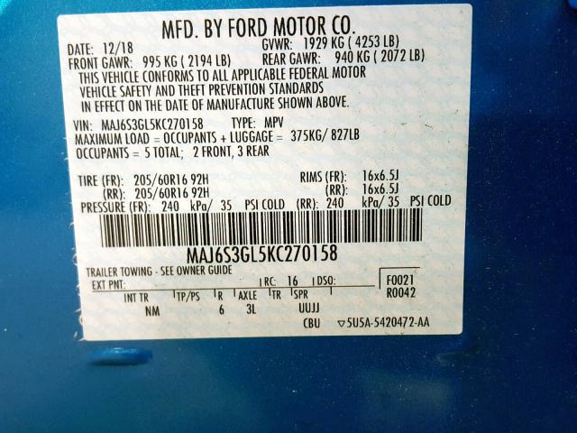 MAJ6S3GL5KC270158 - 2019 FORD ECOSPORT S BLUE photo 10