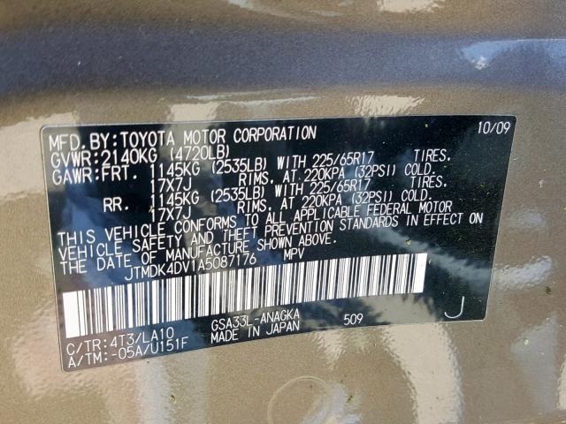 JTMDK4DV1A5087176 - 2010 TOYOTA RAV4 LIMIT GRAY photo 10