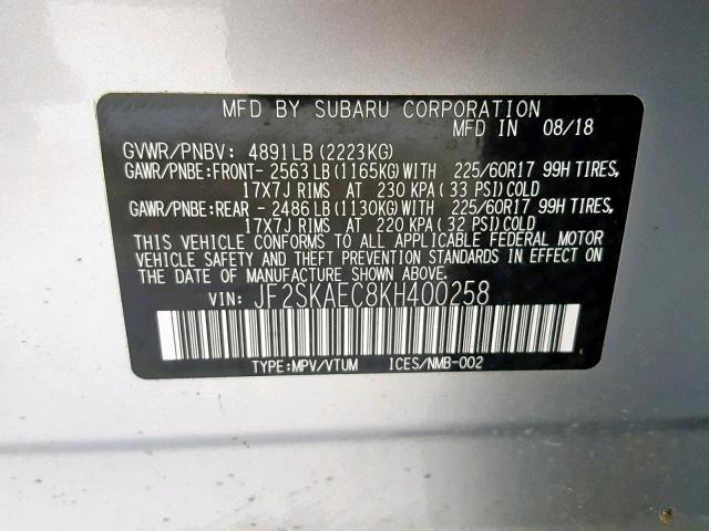 JF2SKAEC8KH400258 - 2019 SUBARU FORESTER P SILVER photo 10