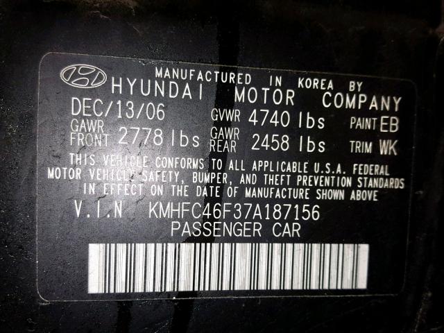 KMHFC46F37A187156 - 2007 HYUNDAI AZERA SE BLACK photo 10