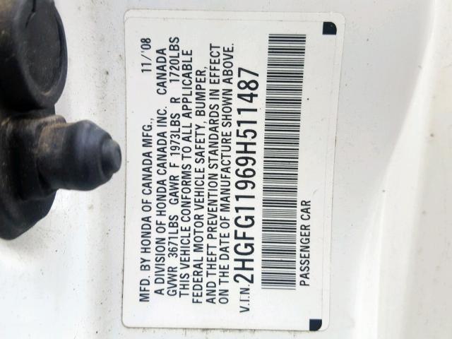 2HGFG11969H511487 - 2009 HONDA CIVIC EXL WHITE photo 10