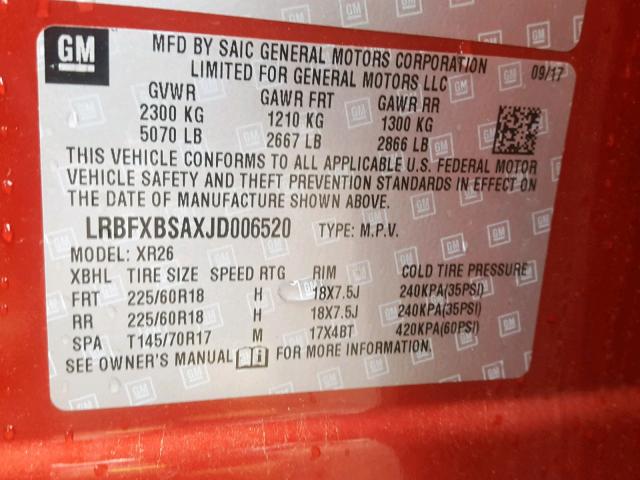 LRBFXBSAXJD006520 - 2018 BUICK ENVISION P RED photo 10