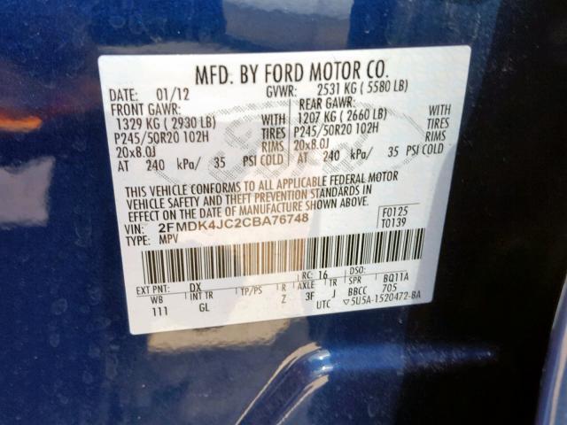 2FMDK4JC2CBA76748 - 2012 FORD EDGE SEL BLUE photo 10