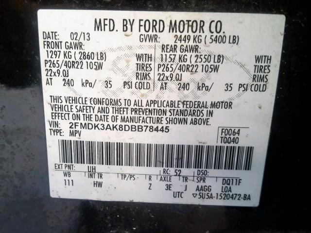 2FMDK3AK8DBB78445 - 2013 FORD EDGE SPORT BLACK photo 10