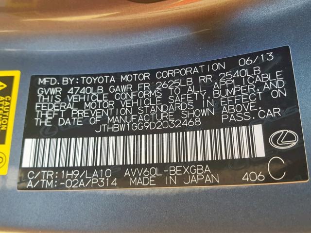 JTHBW1GG9D2032468 - 2013 LEXUS ES 300H GRAY photo 10