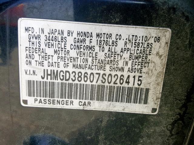 JHMGD38607S026415 - 2007 HONDA FIT S BLACK photo 10