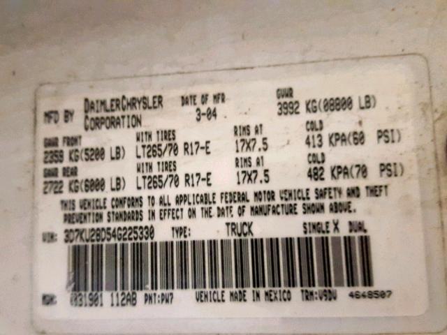 3D7KU28D54G225330 - 2004 DODGE RAM 2500 S თეთრი ფოტო 10