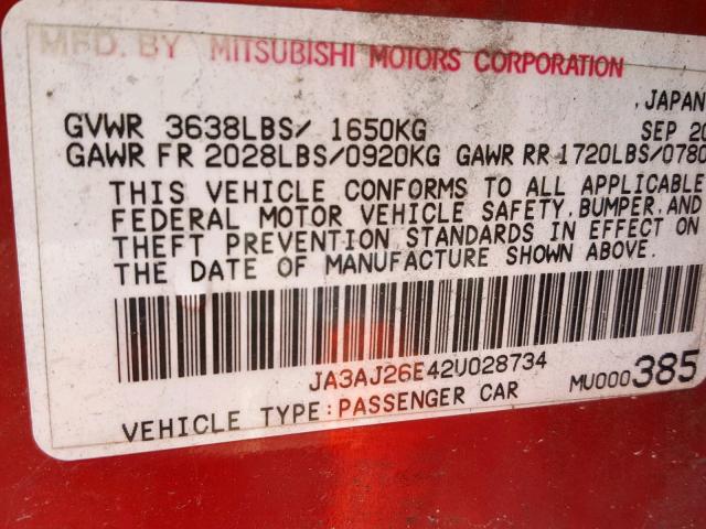 JA3AJ26E42U028734 - 2002 MITSUBISHI LANCER ES RED photo 10