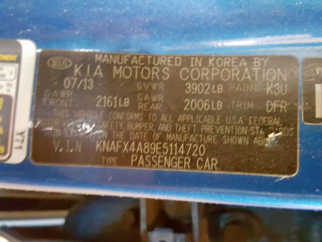 KNAFX4A89E5114720 - 2014 KIA FORTE EX BLUE photo 10