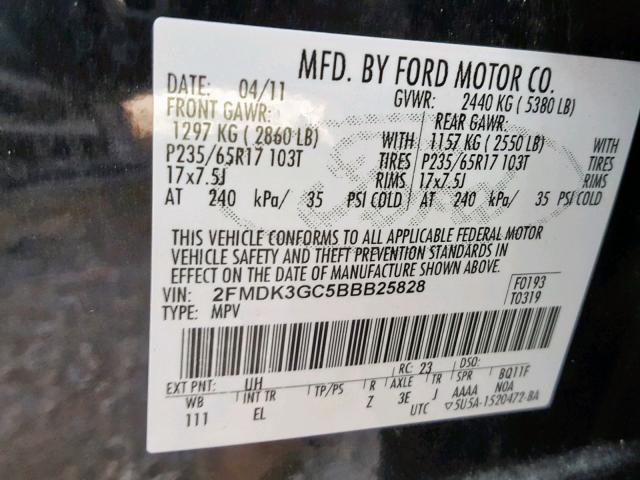 2FMDK3GC5BBB25828 - 2011 FORD EDGE SE BLACK photo 10