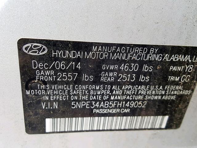 5NPE34AB5FH149052 - 2015 HYUNDAI SONATA SPO SILVER photo 10