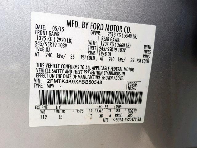 2FMTK4K9XFBB50548 - 2015 FORD EDGE TITAN SILVER photo 10