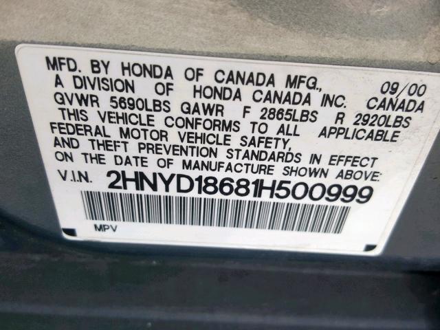 2HNYD18681H500999 - 2001 ACURA MDX TOURIN GRAY photo 10