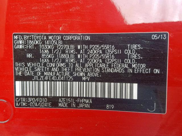 JTLZE4FE4DJ041125 - 2013 TOYOTA SCION XB წითელი ფოტო 10