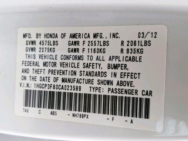 1HGCP3F80CA023589 - 2012 HONDA ACCORD EXL WHITE photo 10