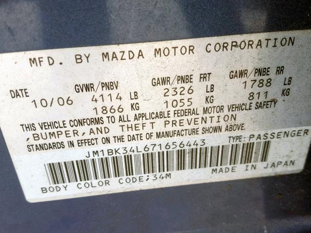 JM1BK34L671656443 - 2007 MAZDA SPEED 3 蓝色 照片 10