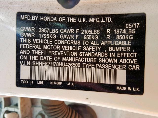 SHHFK7H78HU426500 - 2017 HONDA CIVIC EXL 白色 照片 10