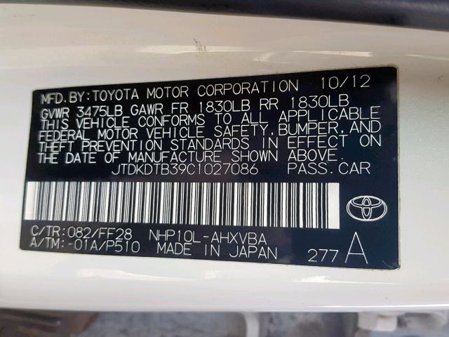 JTDKDTB39C1027086 - 2012 TOYOTA PRIUS C WHITE photo 10