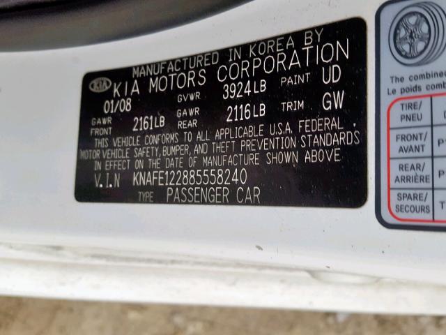 KNAFE122885558240 - 2008 KIA SPECTRA EX WHITE photo 10