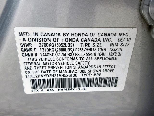 2HNYD2H21AH526136 - 2010 ACURA MDX SILVER photo 10