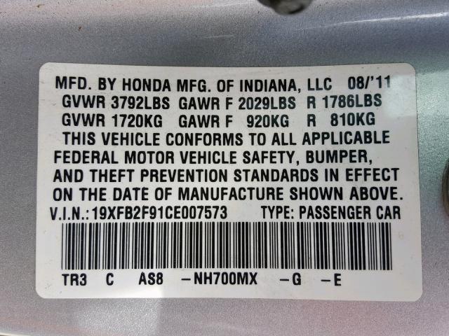 19XFB2F91CE007573 - 2012 HONDA CIVIC EXL SILVER photo 10