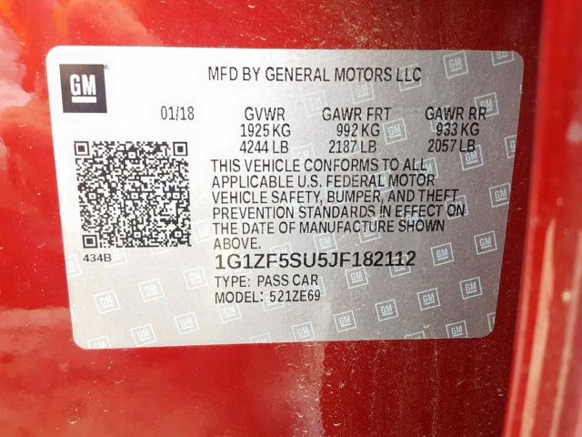 1G1ZF5SU5JF182112 - 2018 CHEVROLET MALIBU HYB RED photo 10