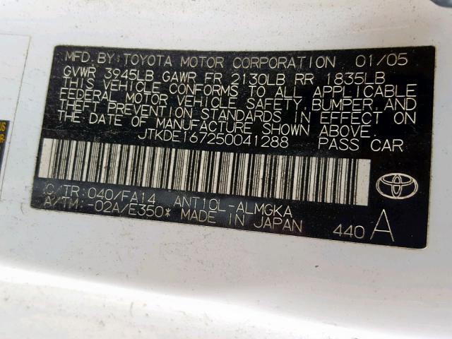 JTKDE167250041288 - 2005 TOYOTA SCION TC WHITE photo 10