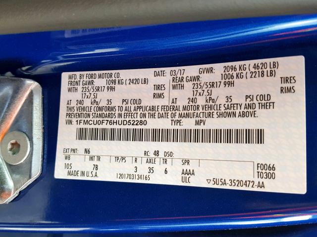 1FMCU0F76HUD52280 - 2017 FORD ESCAPE S BLUE photo 10