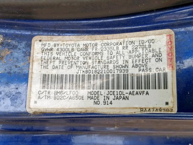 JTHBD182210017939 - 2001 LEXUS IS 300 BLUE photo 10