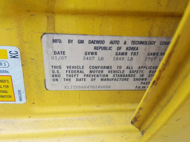 KL1TD56647B146658 - 2007 CHEVROLET AVEO BASE Sarı foto 10