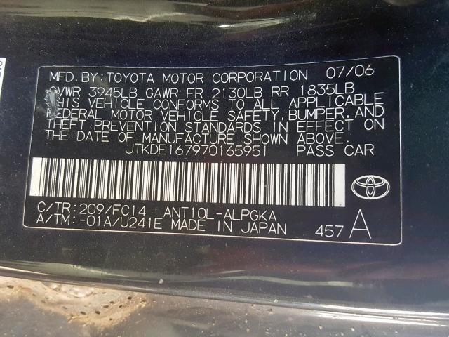 JTKDE167970165951 - 2007 TOYOTA SCION TC შავი ფოტო 10
