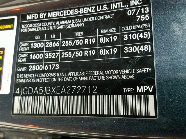 4JGDA5JBXEA272712 - 2014 MERCEDES-BENZ ML 350 GRAY photo 10