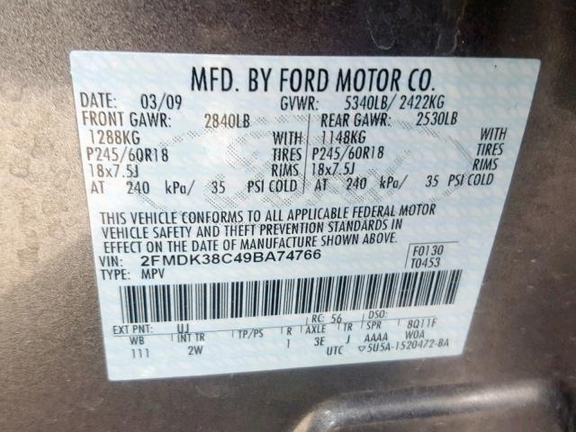 2FMDK38C49BA74766 - 2009 FORD EDGE SEL GRAY photo 10