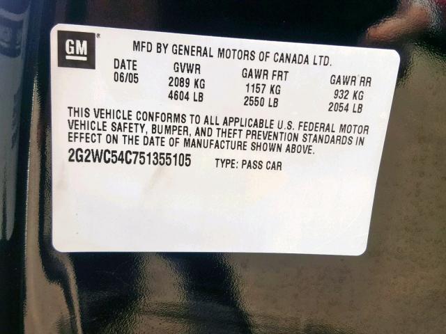 2G2WC54C751355105 - 2005 PONTIAC GRAND PRIX BLACK photo 10