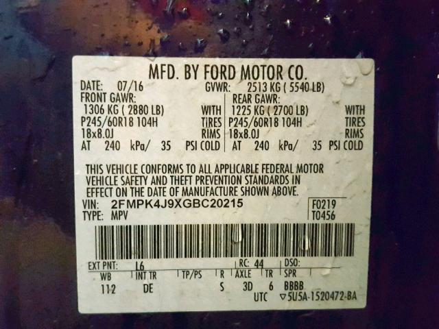 2FMPK4J9XGBC20215 - 2016 FORD EDGE SEL BLUE photo 10