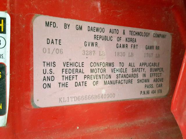KL1TD66666B640900 - 2006 CHEVROLET AVEO BASE Qırmızı foto 10