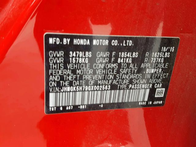 JHMGK5H79GX002563 - 2016 HONDA FIT EX RED photo 10