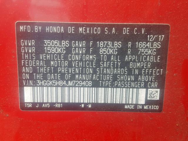 3HGGK5H84JM729408 - 2018 HONDA FIT EX RED photo 10