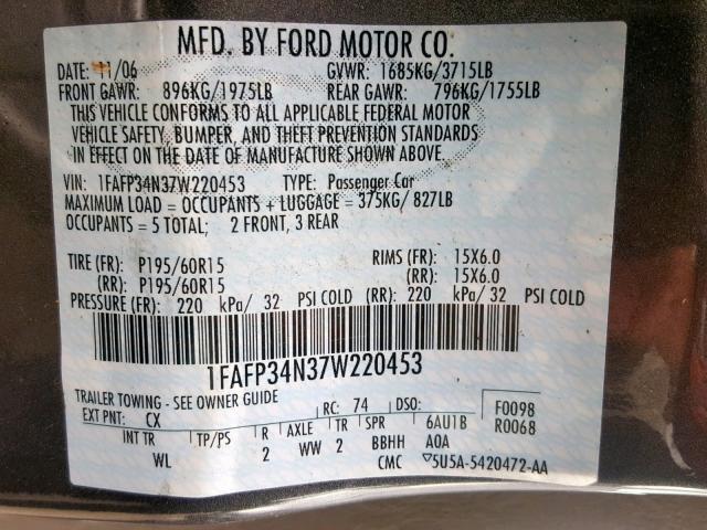 1FAFP34N37W220453 - 2007 FORD FOCUS ZX4 GRAY photo 10