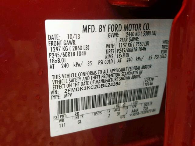 2FMDK3KC2DBE24364 - 2013 FORD EDGE LIMIT RED photo 10