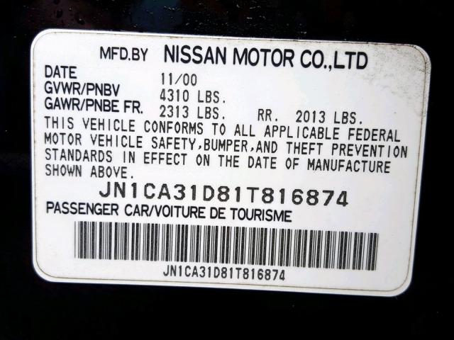 JN1CA31D81T816874 - 2001 NISSAN MAXIMA GXE BLACK photo 10