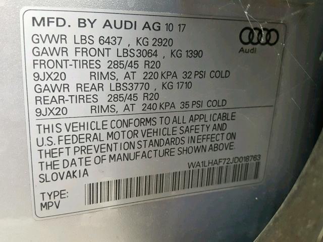 WA1LHAF72JD018763 - 2018 AUDI Q7 PREMIUM SILVER photo 10