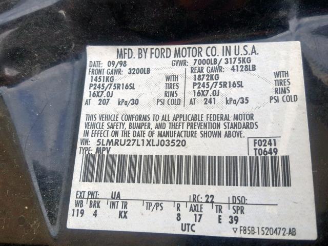 5LMRU27L1XLJ03520 - 1999 LINCOLN NAVIGATOR შავი ფოტო 10