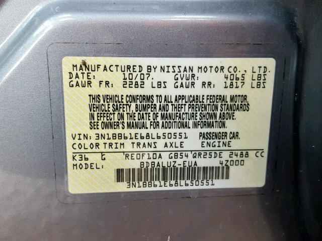 3N1BB61E68L650551 - 2008 NISSAN SENTRA SE- GRAY photo 10