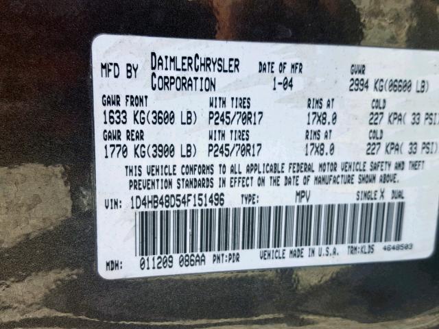 1D4HB48D54F151496 - 2004 DODGE DURANGO SL GRAY photo 10