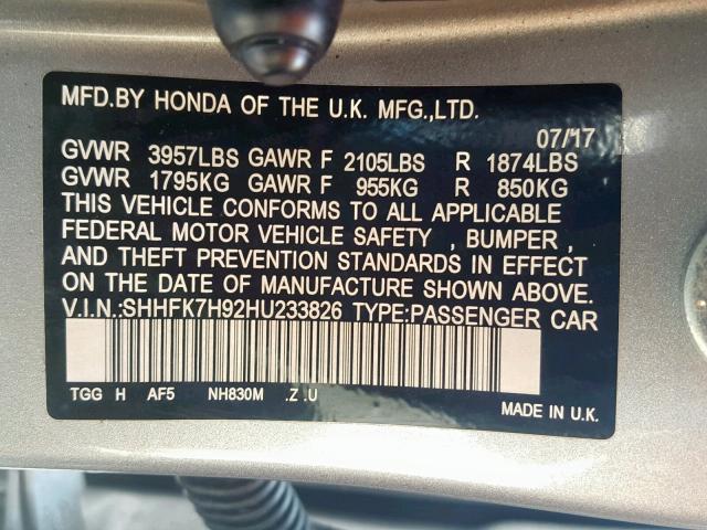 SHHFK7H92HU233826 - 2017 HONDA CIVIC SPOR GRAY photo 10