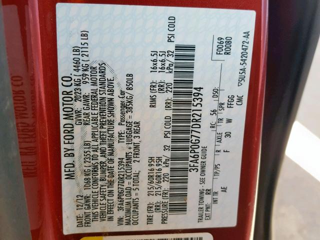 3FA6P0G77DR215394 - 2013 FORD FUSION S RED photo 10