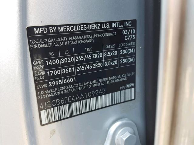 4JGCB6FE4AA109243 - 2010 MERCEDES-BENZ R 350 4MAT SILVER photo 10